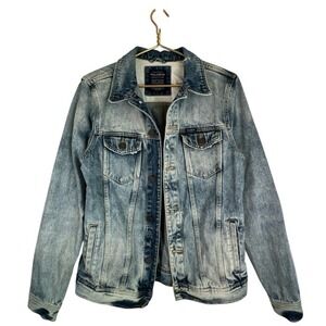Pull & Bear Mens Medium Denim Trucker Jacket 90s Y2K Acid Washed VTG Distressed